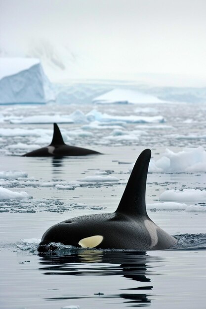 un groupe d'orques nageant au milieu des icebergs de l'Arctique