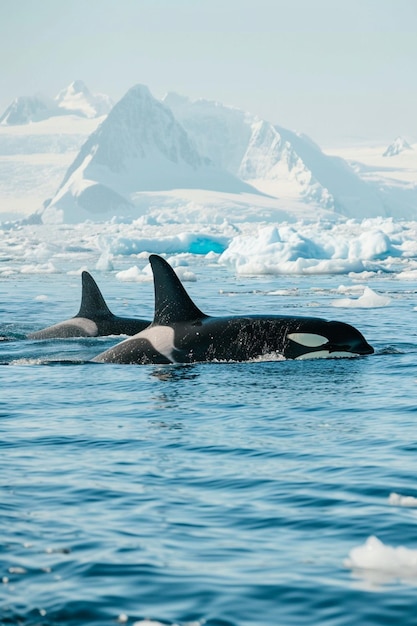Photo un groupe d'orques nageant au milieu des icebergs de l'arctique