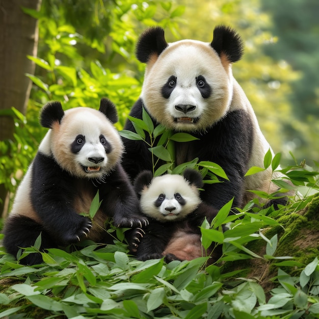 Un groupe d'ours panda se reposant dans une forêt verdoyante