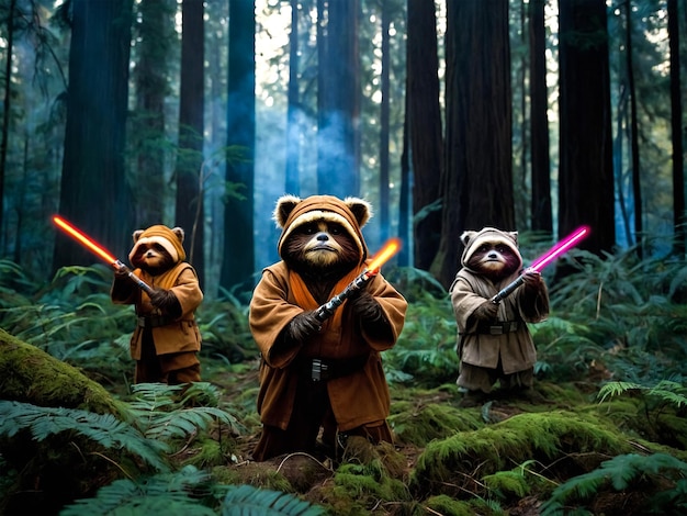 un groupe d'ours en peluche avec un bâton dans les mains et la mascotte de l'ours