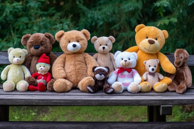 Un groupe d'ours en peluche est assis sur un banc devant une forêt.