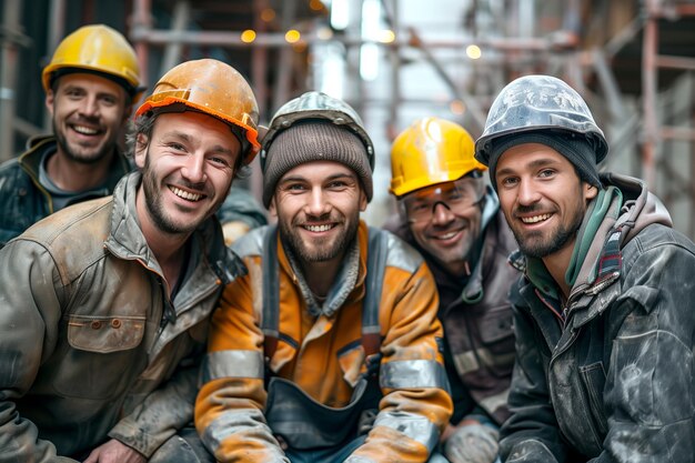 Un groupe d'ouvriers de la construction en casque prenant une pause sur un chantier de construction en souriant à la caméra.