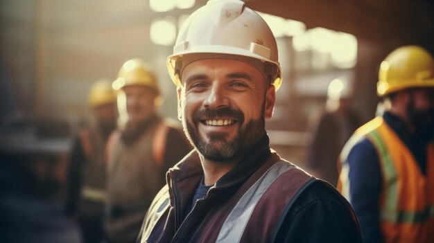 Un groupe d'ouvriers de la construction heureux qui portent des chapeaux de protection à l'extérieur