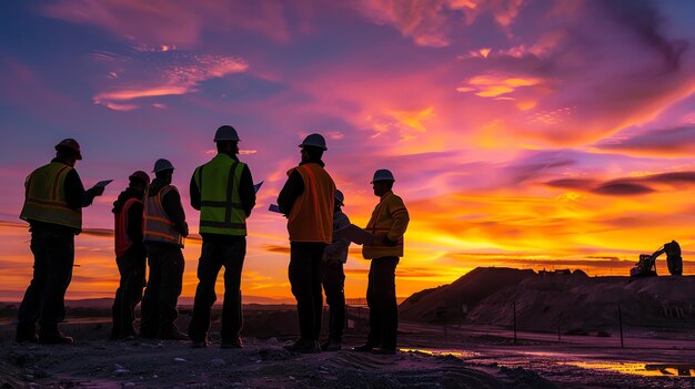 Photo un groupe d'ouvriers de la construction se tient sur une colline à regarder le coucher de soleil.