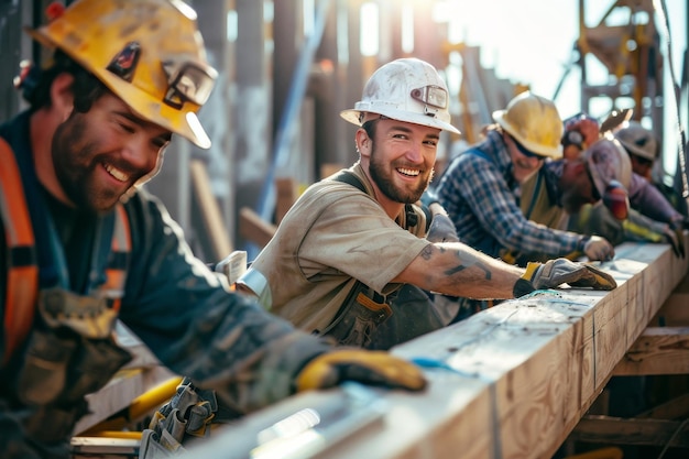 Un groupe d'ouvriers de la construction travaillent ensemble pour élever une poutre en place en souriant alors qu'ils coordonnent leurs efforts