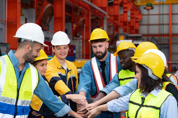 Un groupe d'ouvriers d'usine en casque joignant les mains pour célébrer la réussite