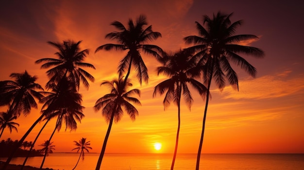 Photo un groupe de palmiers sont silhouettés contre le coucher du soleil ai