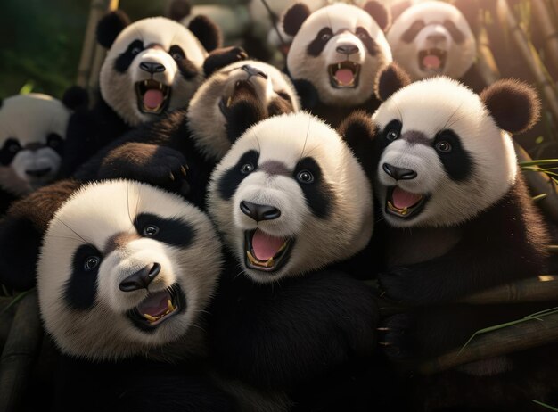 Un groupe de pandas regardant la caméra de près