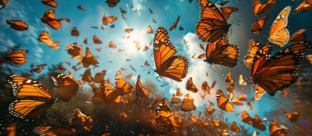 Un groupe de papillons orange en vol