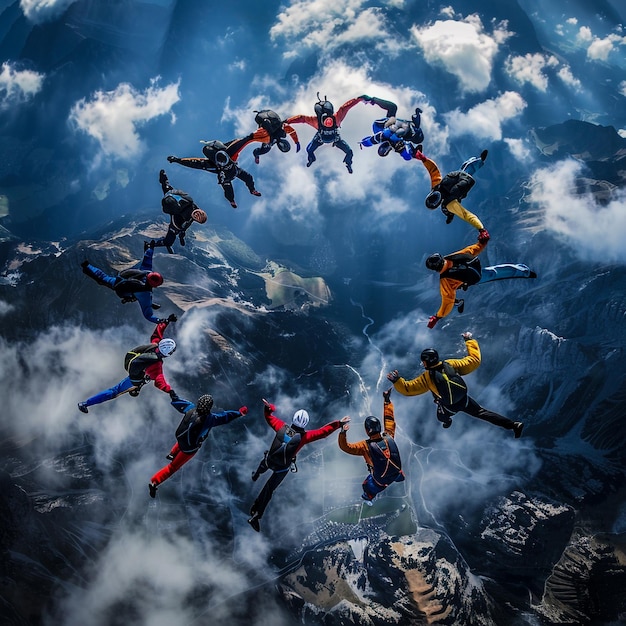 Un groupe de parachutistes formant un grand parachutiste complexe tenant la main sur le ciel