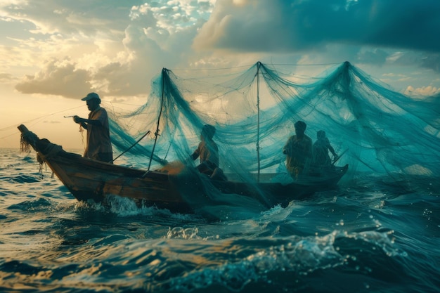 Un groupe de pêcheurs tamouls dans un bateau sur l'eau