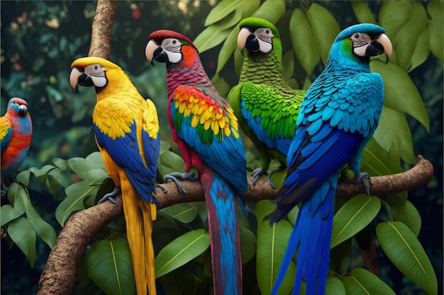 Un groupe de perroquets est assis sur une branche.