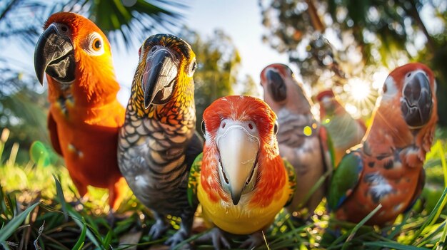 Photo un groupe de perroquets vibrants debout au sommet d'un champ vert luxuriant