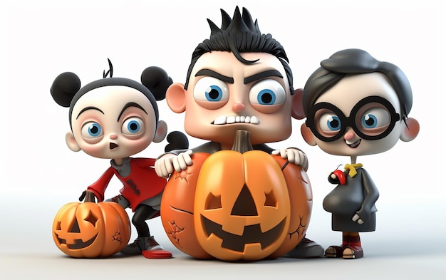 Un groupe de personnages de dessins animés tient des citrouilles et l'un porte un costume d'halloween.