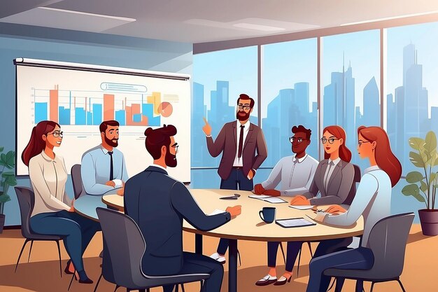 Un groupe de personnages de dessins animés vêtus de vêtements intelligents s'assoient autour de la table et écoutent l'homme avec le pointeur faire une présentation au tableau Formation commerciale d'entreprise réunion de tableau blanc Illustration vectorielle