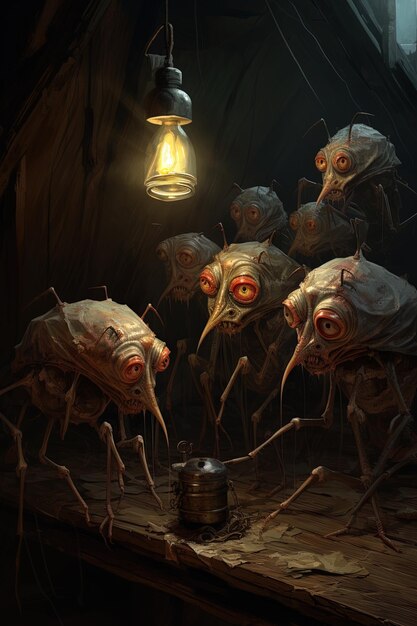 un groupe de personnages extraterrestres se tiennent dans une pièce sombre