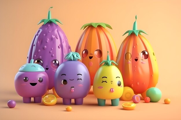 Un groupe de personnages de fruits dont un avec un visage qui dit "fruit"