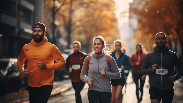 Groupe de personnes actives courant un marathon dans le parc en automne