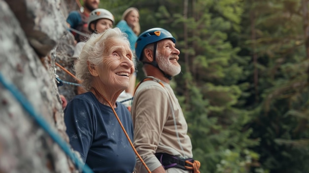 Un groupe de personnes âgées accompagnées d'un guide s'engageant dans l'escalade en plein air dans le cadre de