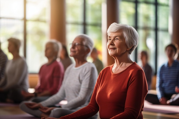 un groupe de personnes âgées assises dans un cours de yoga