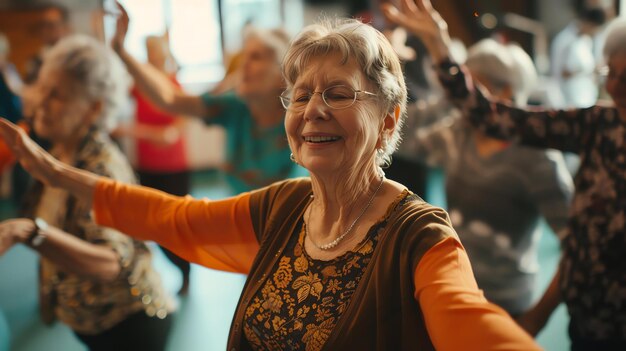 Un groupe de personnes âgées dansent en cercle, elles sourient et s'amusent, la femme à l'avant porte un pull brun et des lunettes.