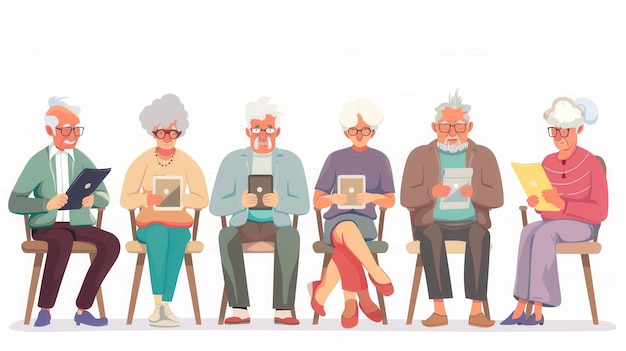 Un groupe de personnes âgées est assis étroitement ensemble, chacune concentrée sur ses appareils électroniques, profitant d'un temps et d'une technologie partagés.