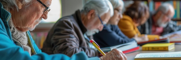 Un groupe de personnes âgées étudie des langues étrangères à l'aide de manuels et de dictionnaires concentrés et immergés dans leur session d'apprentissage ensemble.