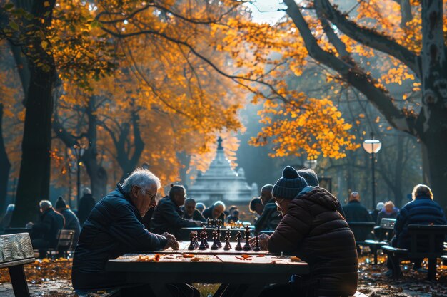 Un groupe de personnes âgées jouant aux échecs dans un parc