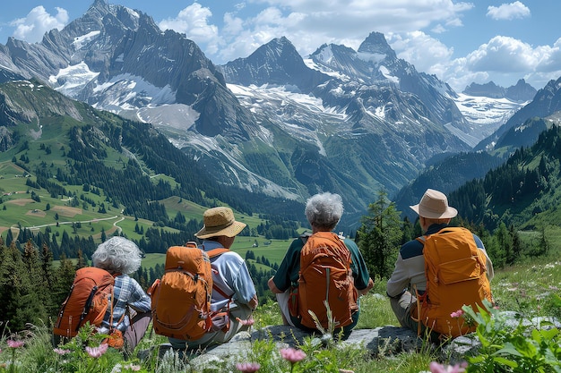 Groupe de personnes âgées lors d'un voyage de randonnée en montagne