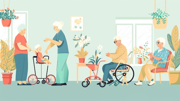 Un groupe de personnes âgées passent du temps ensemble dans une maison de retraite. Ils sont tous souriants.