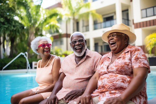 Un groupe de personnes âgées rient joyeusement au bord de la piscine.