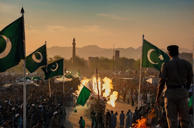 Photo un groupe de personnes agitant le drapeau du pakistan en arrière-plan