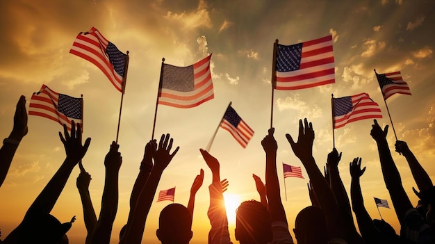 Groupe de personnes agitant des drapeaux américains au coucher du soleil