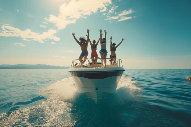 un groupe de personnes à l'arrière d'un bateau.