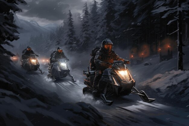 un groupe de personnes à l'arrière de motos de neige