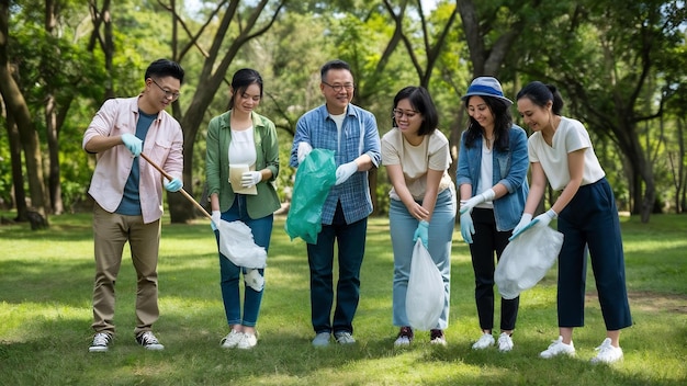 Groupe de personnes asiatiques diverses bénévoles travail d'équipe conservation de l'environnement bénévoles aident à la cueillette