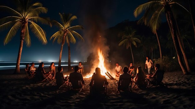 un groupe de personnes assis autour d'un feu de joie avec des palmiers en arrière-plan