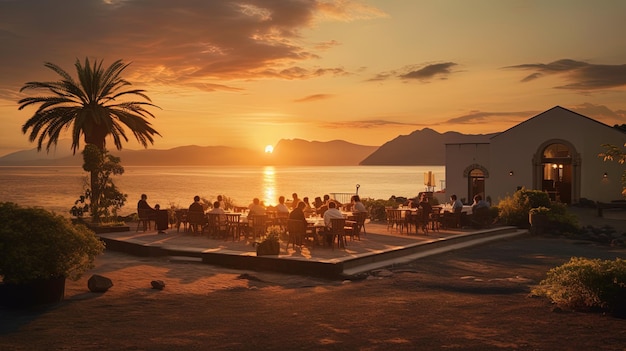 Photo un groupe de personnes assis à une table avec le coucher de soleil en arrière-plan