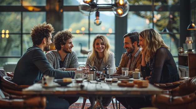 un groupe de personnes assis à une table et souriant à la caméra