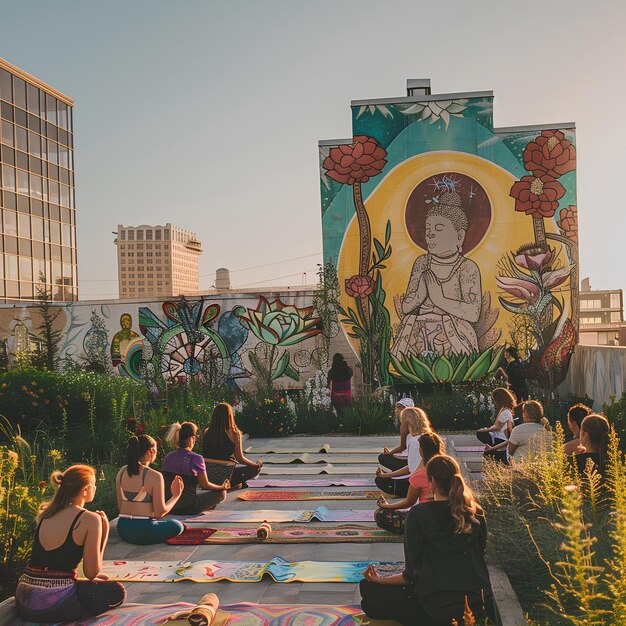 Photo un groupe de personnes assis sur un tapis devant une peinture murale d'une femme avec des fleurs devant elle