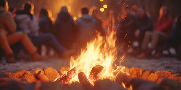 Un groupe de personnes assises autour d'un feu de camp avec un feu de camp allumé en arrière-plan