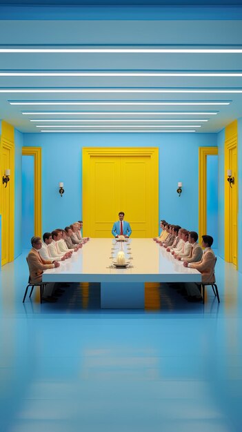 Photo un groupe de personnes assises autour d'une table de conférence avec une porte jaune