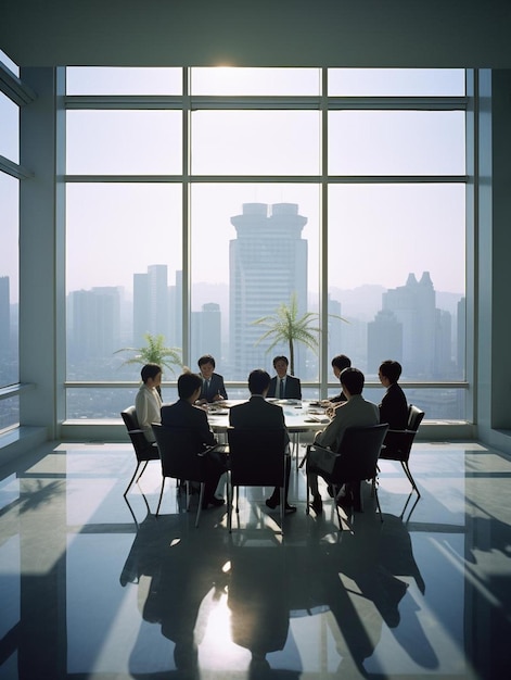 un groupe de personnes assises autour d'une table dans une grande pièce avec une vue sur une ville