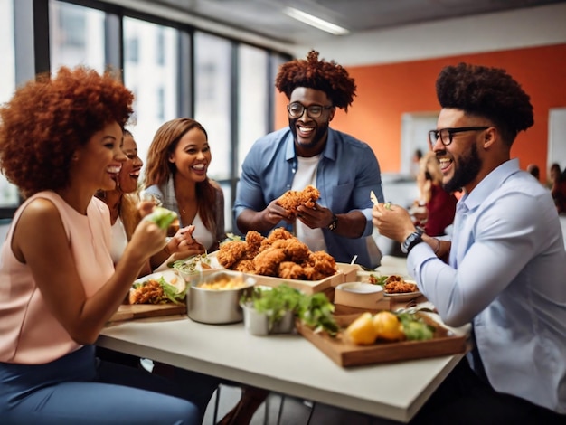 un groupe de personnes assises autour d'une table avec de la nourriture dessus