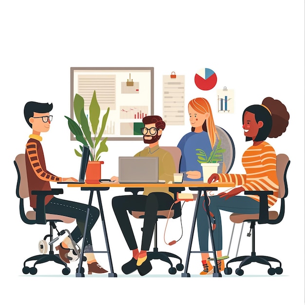un groupe de personnes assises autour d'une table avec un ordinateur portable et une plante dessus