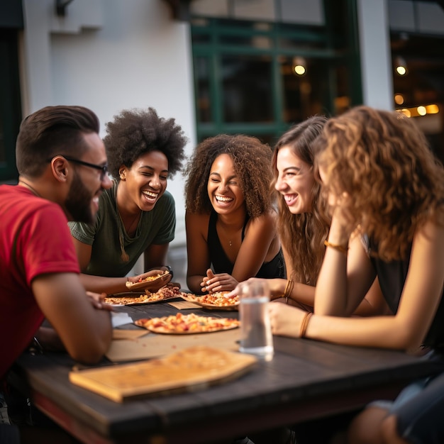 un groupe de personnes assises autour d’une table avec une pizza