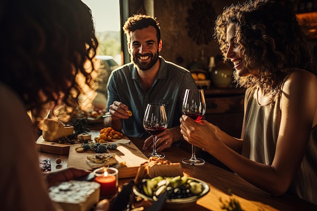Un groupe de personnes assises autour d'une table avec des verres à vin