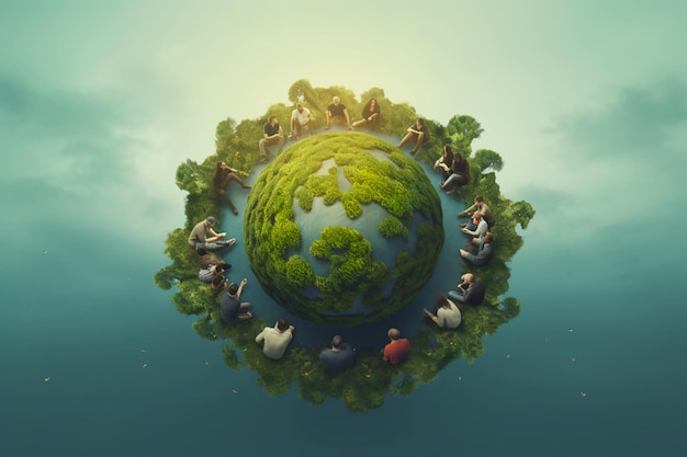 un groupe de personnes assises en cercle avec la terre en arrière-plan journée mondiale de la population ai