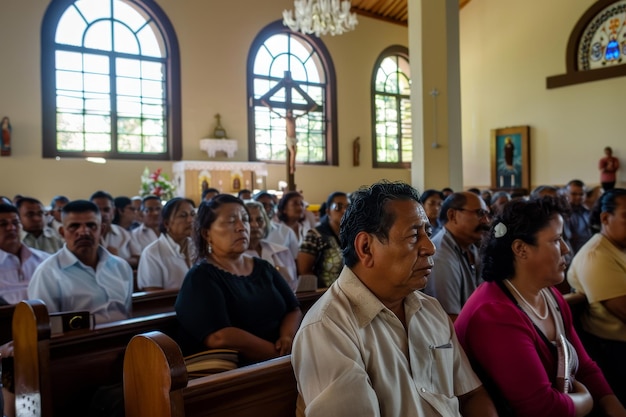 Groupe de personnes assises dans une église mexicaine IA générative