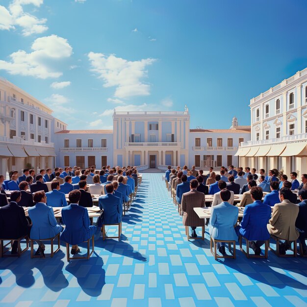 Photo un groupe de personnes assises dans une pièce avec un sol en carreaux bleus et un sol en carrels bleus avec un carré bleu sur le fond